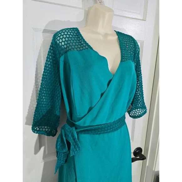 KIYONNA Teal Wrap Mesh Sleeve Sheath Dress Made in USA Size‎ 2